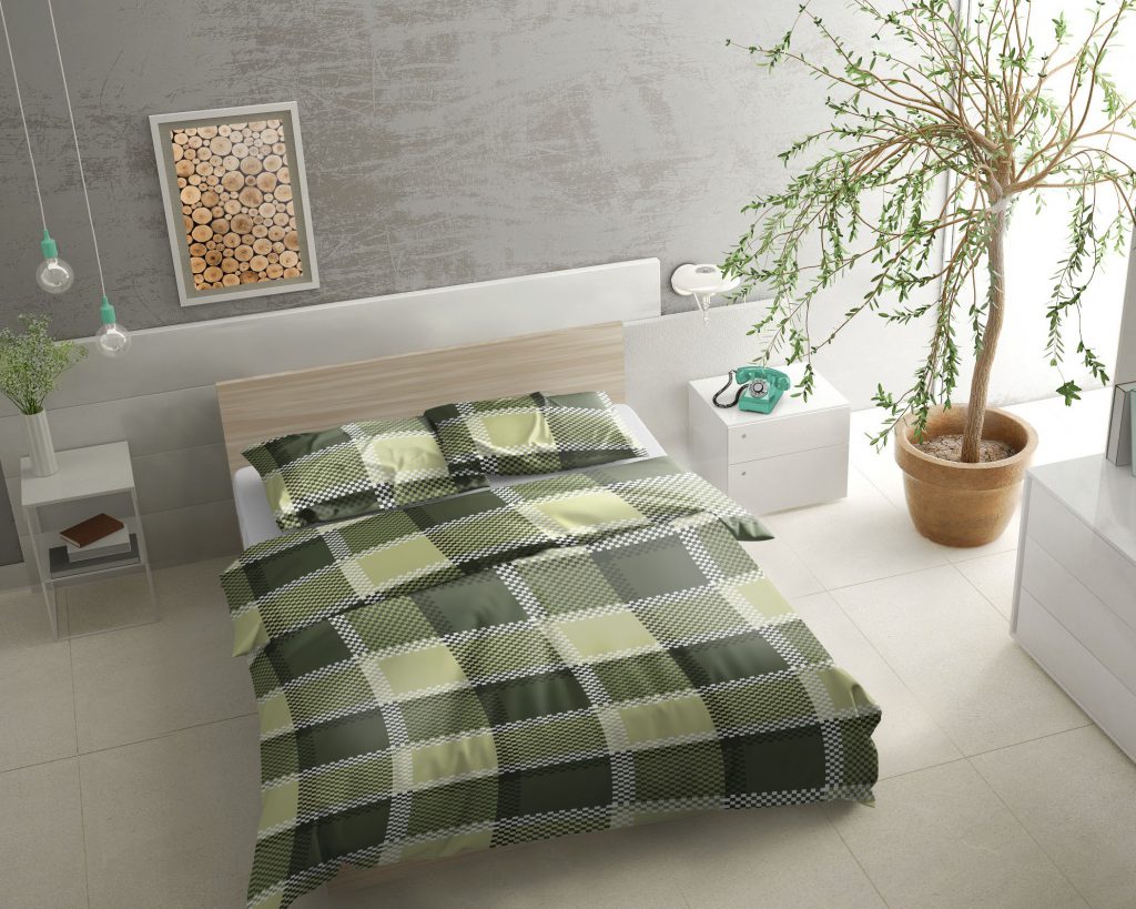 Pościel flanelowa zielona krata 160x200 w aranżacji od firmy TuliSen.